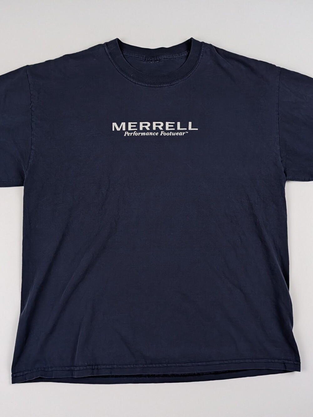 Vintage Merrell Footwear Promo T-Shirt Faded Navy Gorpcore Y2K Grunge Boxy